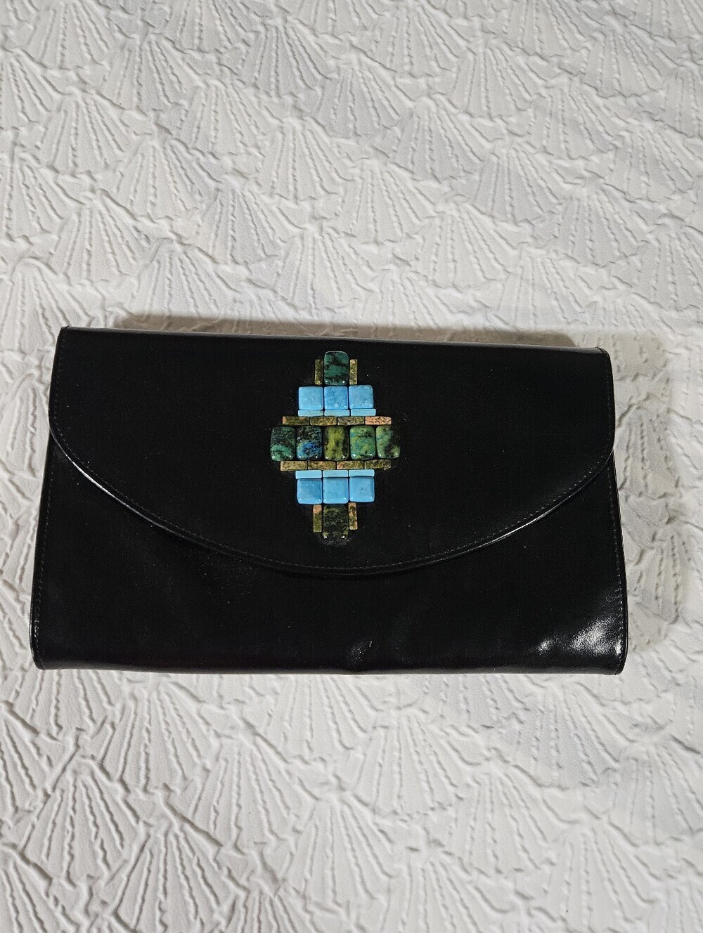 Kate Landry Black Faux Leather Clutch With Stone Embelishment